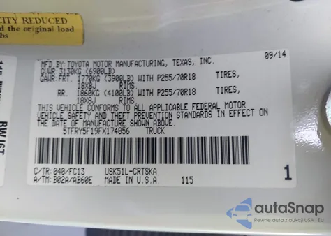 2015 Toyota Tundra Sr5 5.7L V8 из США, поврежденный, VIN 5TFRY5F19FX174856